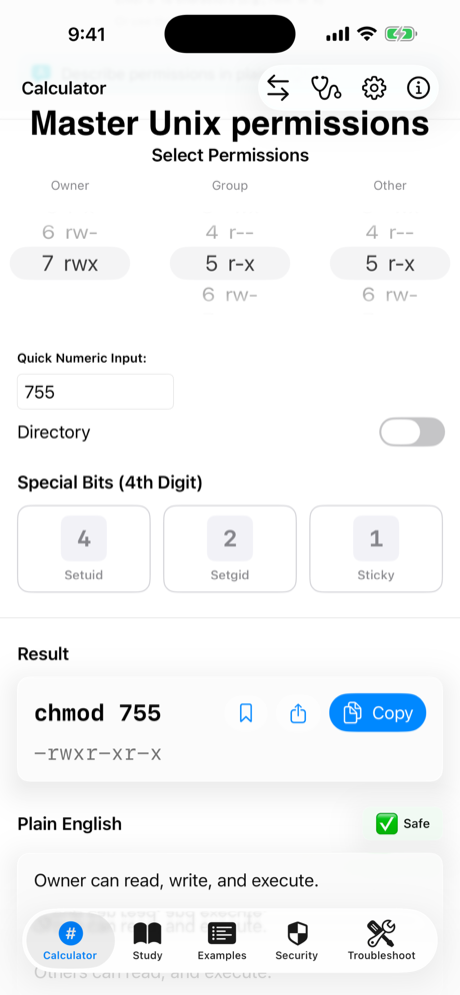 ChmodToolkit on iPhone showing the permission calculator