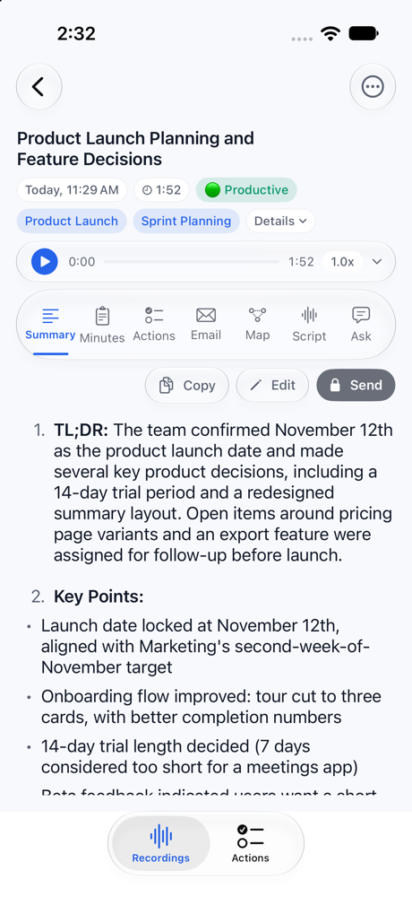 SayScribe on iPhone showing a meeting summary